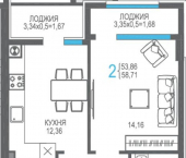 2-комн, 58 кв м, этаж 1/8 ул Горького, 10