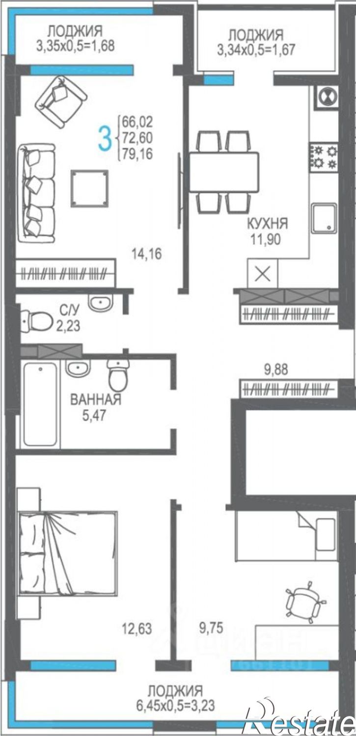 3-комн квартира в новом доме улица Багликова, 19А,  д. 19А