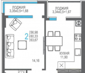 2-комн, 60 кв м, этаж 3/8 ул Горького, 14